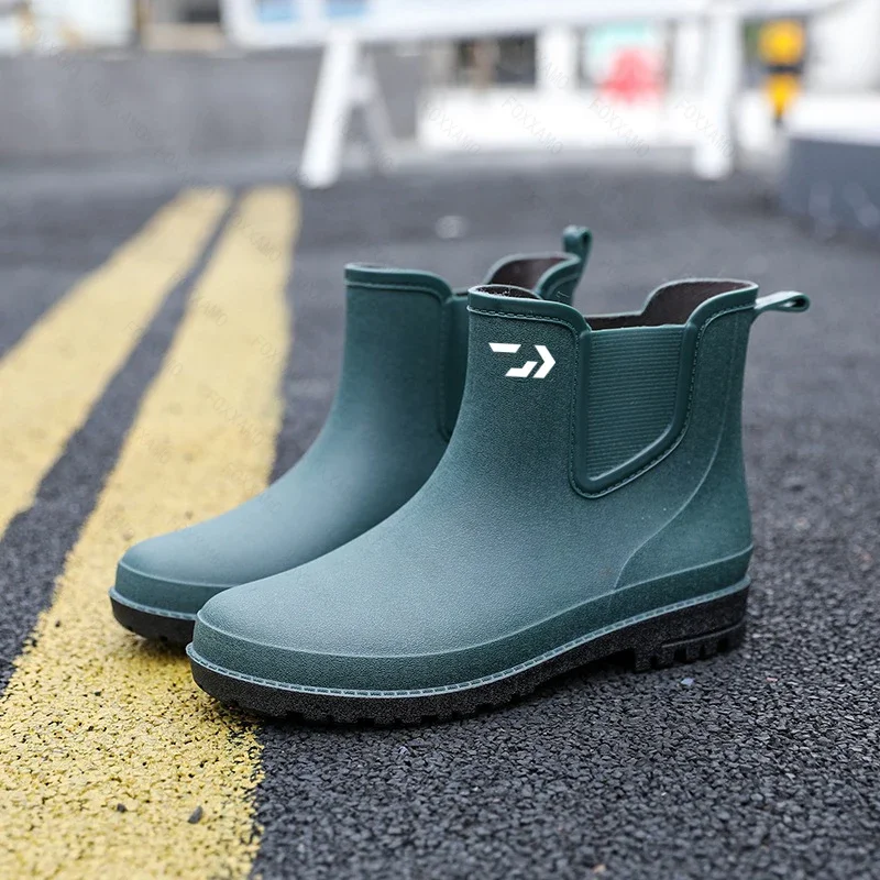 Fishing Men Rain Boots Rubber Gumboots Slip on Mid-calf Waterproof Working Boots Comfort Non-slip Fishing Shoes