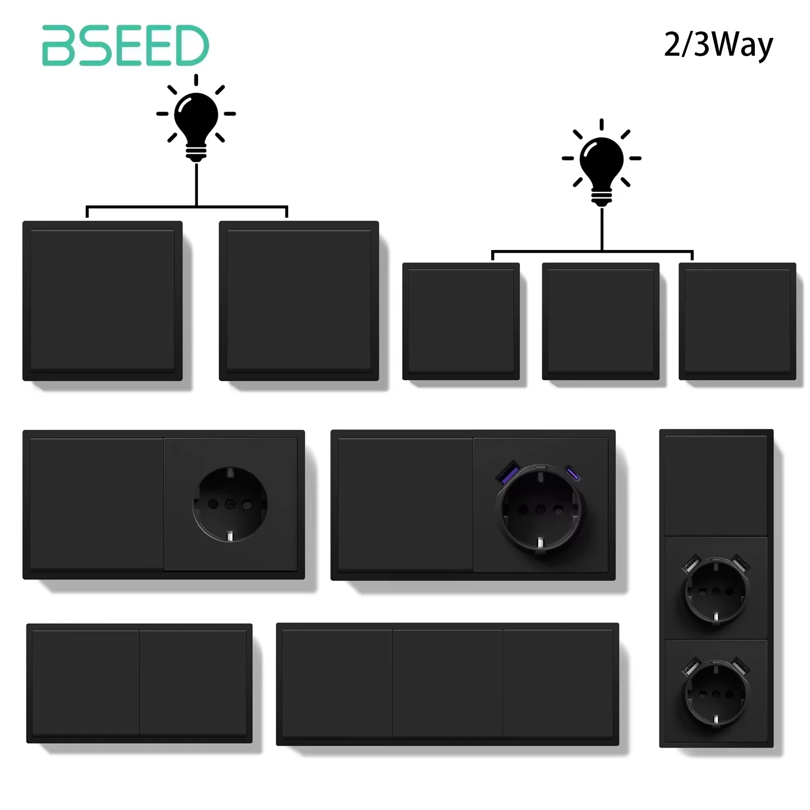 Bseed 1gang interruptor de botão mecânico passagem através de interruptores de luz crossover mais soquetes de energia da ue usb tipo-c tomadas para escadas