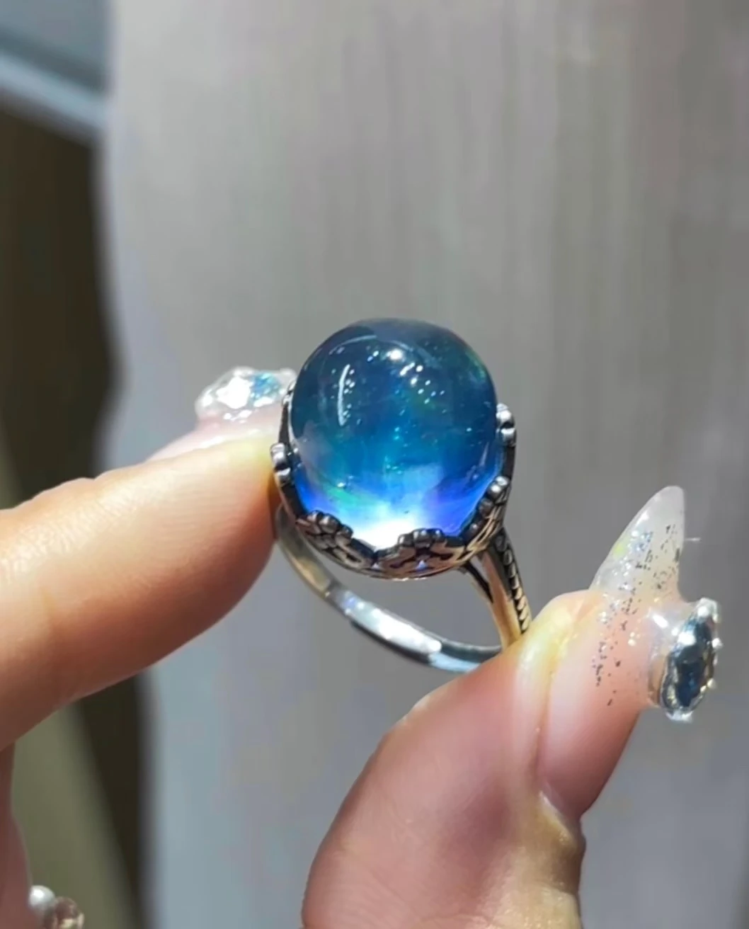 Natural Blue Aquamarine Crystal Dragon Adjustable Ring 15mm Silver Aquamarine Ring Fashion AAAAAA