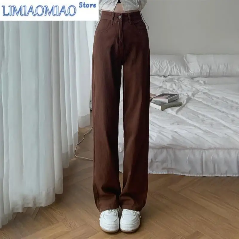 New Summer Women Brown Jeans High Waist Loose Straight Wide Leg Denim Female Y2k Casual Streetwear Vintage Baggy Trouser