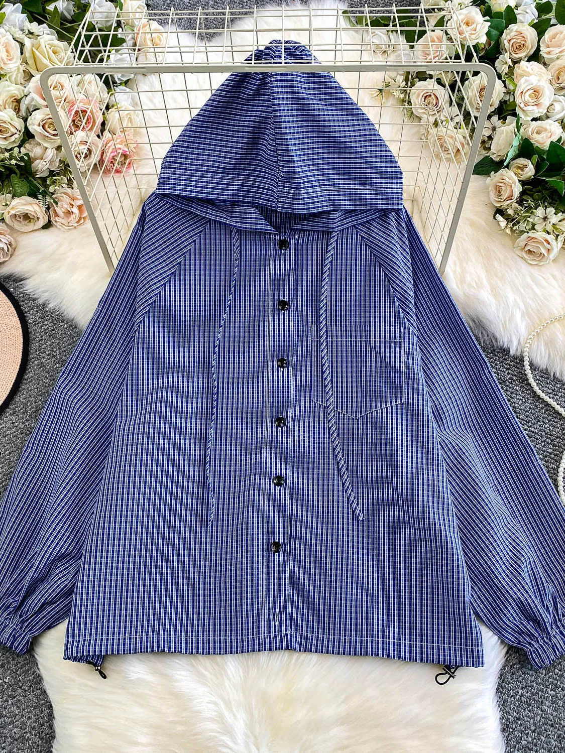 

Autumn 2025 Women's Plaid Long Sve irt Dstring Loose Slimming Single Button Coat Casual Sun Protection Outerwear