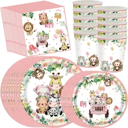 Jungle Safari Party Decorations Pink Animal Print Tableware Set Paper Cup Plate Napkins Baby Shower Kids Birthday Party Supplies