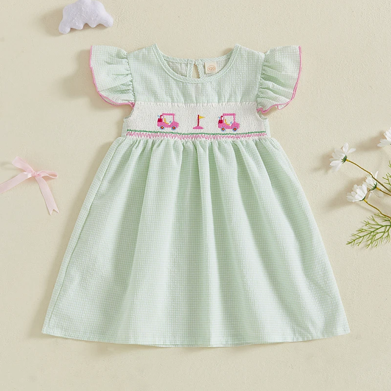 Abito estivo da ragazza giovanile con stampa scozzese e ricami di elementi da golf con girocollo e maniche svolazzanti