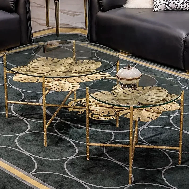 Italian Brass Glass Coffee Table Leaf Shape Round Edge Luxury Living Room Furniture Villa Decor Pure Copper Accent Desk