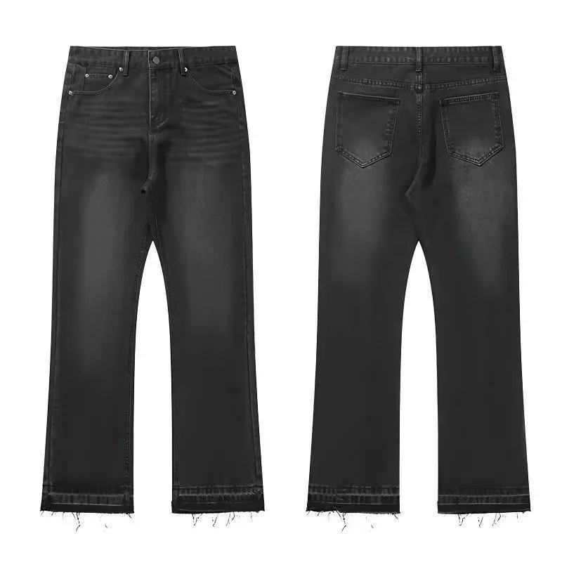 Men American High Street Black Fringe Vintage Washed Distressed Straight Leg Denim Casual Streetwear Trousers