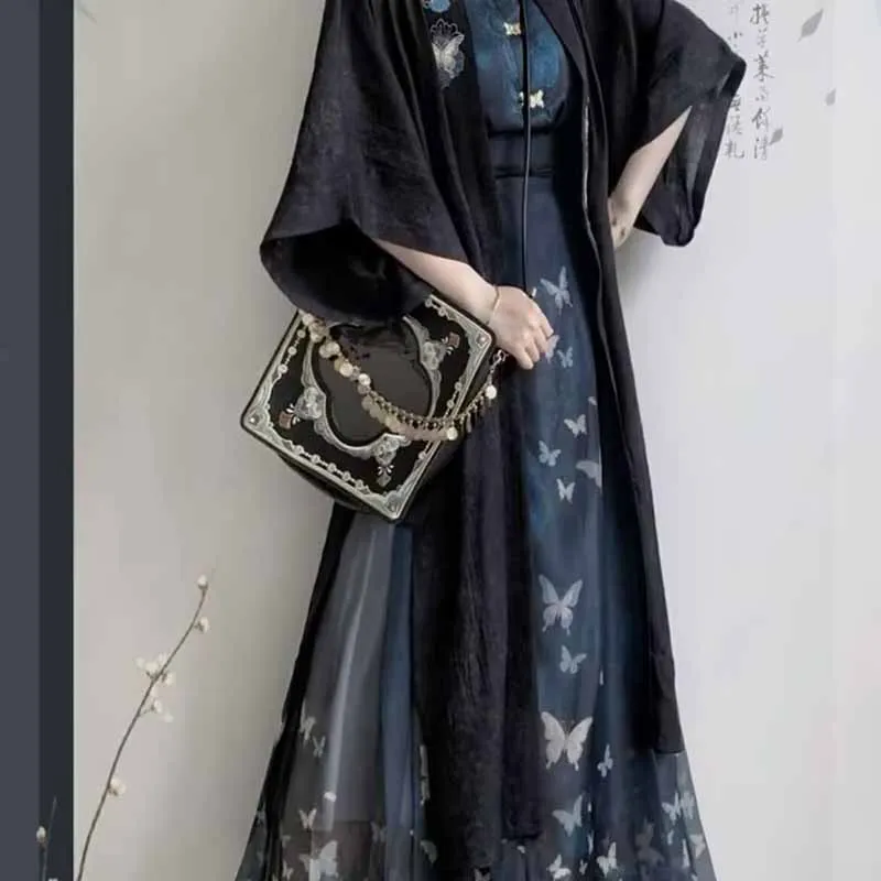 

Летний вышитый черный костюм Ханьфу из 3 предметов, размеры до 6XL, женское китайское платье Ханьфу, большие размеры до 10XL, костюм для косплея