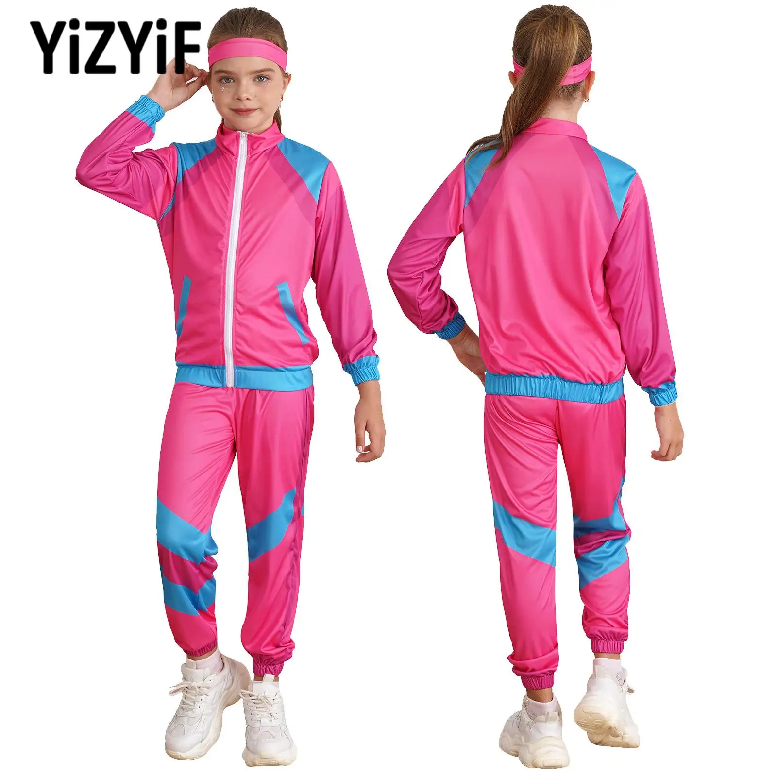 Kids Unisex Hip Hop Costume Dance Tracksuit Sports Suit 80s Retro Disco Costume Top Pants Headband Set for Stage Carnival Party