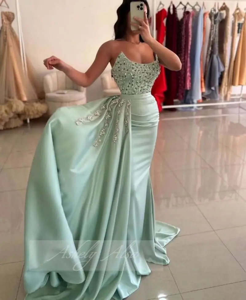 Customized Elegant Lime Green Luxury Women Evening Dresses Mermaid Beads Crystal Long Formal Occasion Dress Prom Party Gown