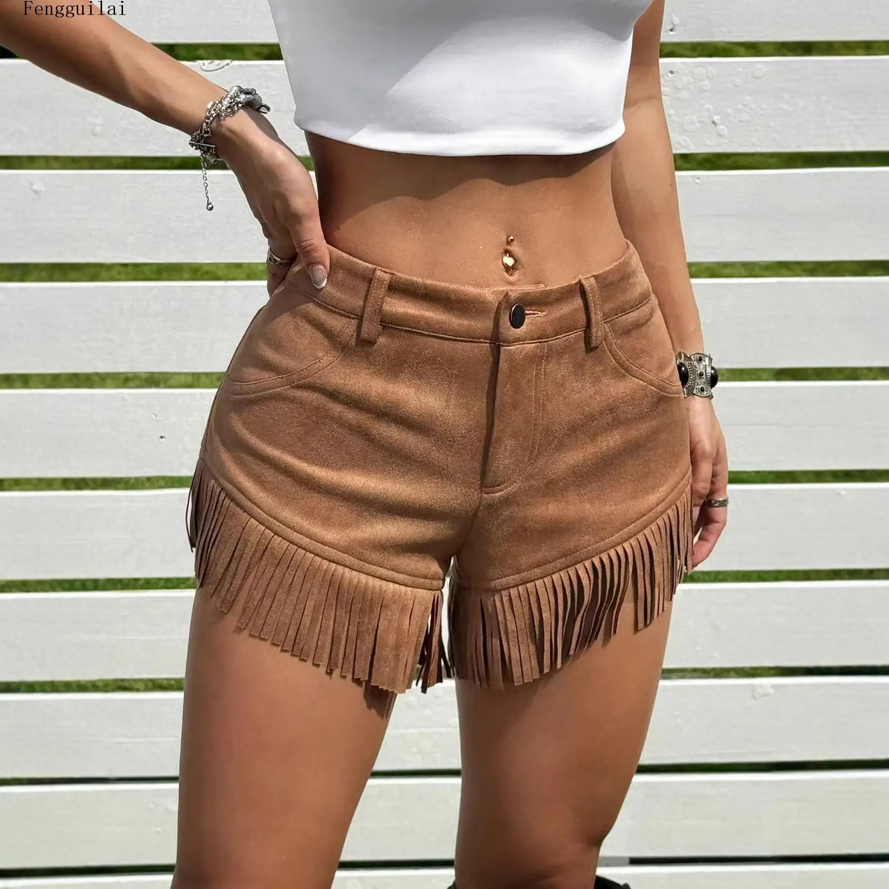 Ladies High Waist Faux Suede Shorts Fringe Tassel Hem Design Solid Color Western Cowgirl Style Party Summer Shorts