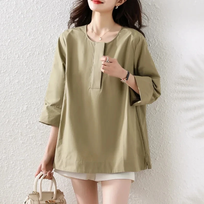 

Casual Plus Size Women's Wild Round Neck Three Buttons Coat 2025 Spring New Female Loose Ladies Slim Long-sleeved Shirt Jacket