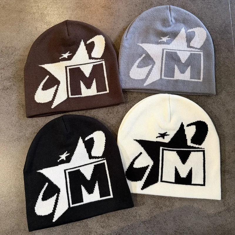 Unisex M Letter Jacquard Knit Beanie Hat Y2K Hip‑Hop Star Alphabet Skull Cap Soft Warm Streetwear for Fall Winter Daily Outfits