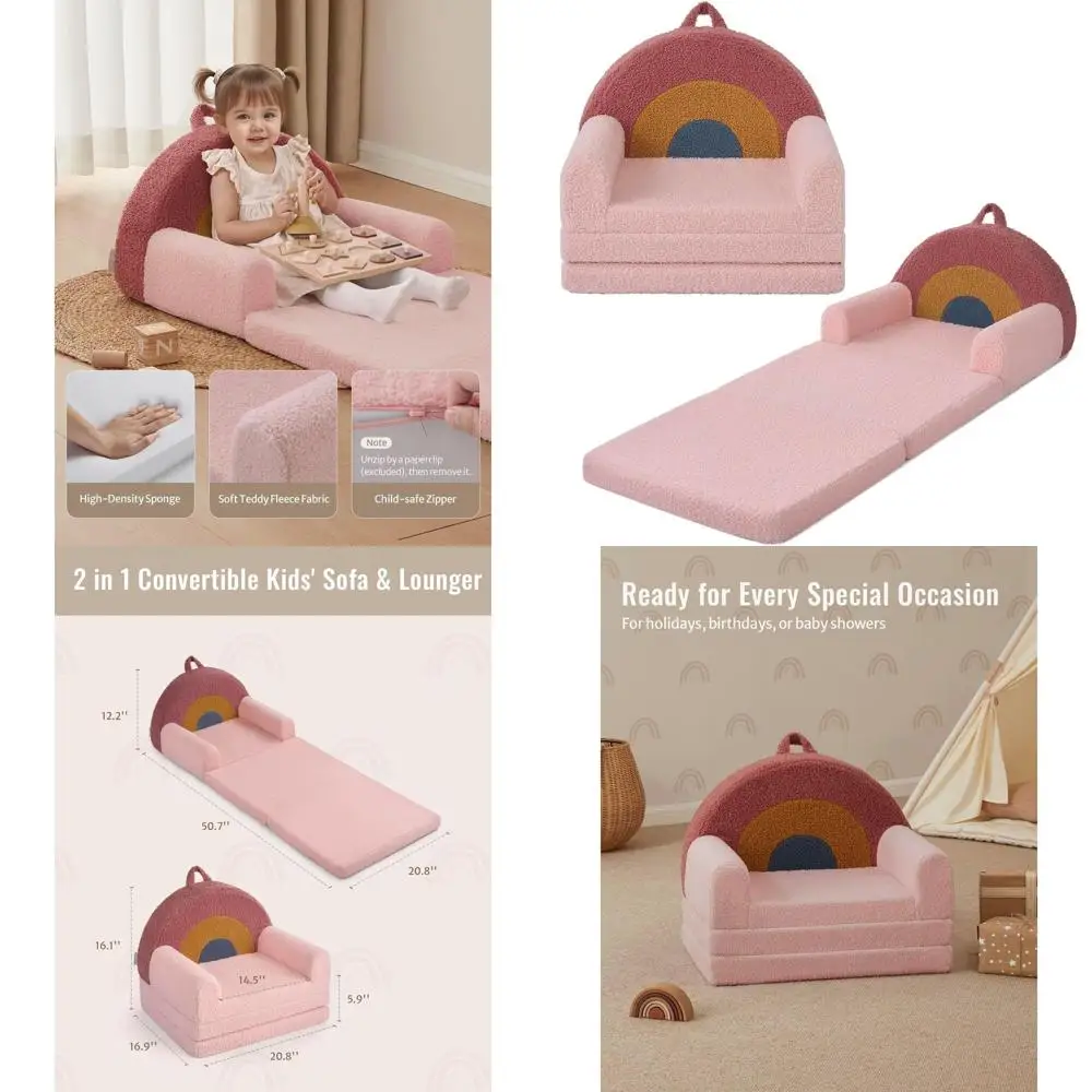 

Convertible Toddler Sofa, 2-in-1 Comfortable Chair & Lounger for Reading and Play, Ideal for Kids' Birthday Gift, Blush Rainbow