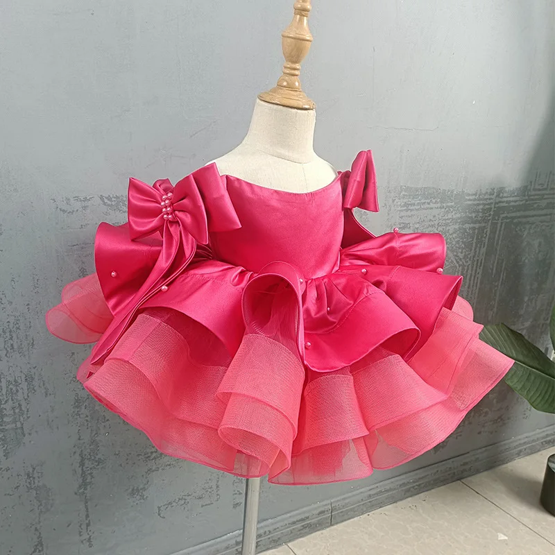 Mvozein Rose Girl Dress Puffy Satin Flower Girl Dresses Wedding Party Dress Pearl Girl's Dress Cute Baby Girl Dress Kid Dress