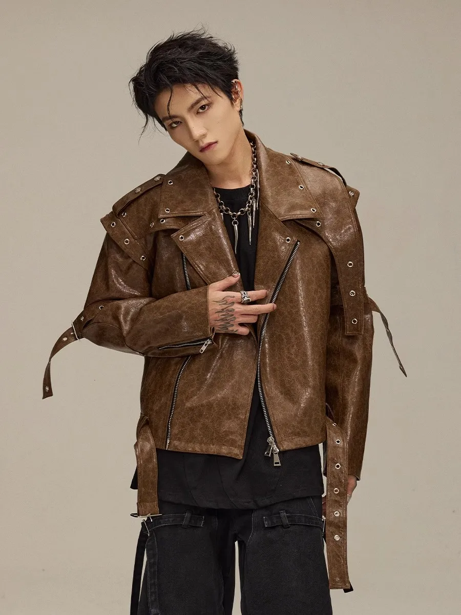

Mauroicardi Spring Autumn Cool Short Shiny Pu Leather Moto & Biker Jacket Men Belt Luxury Designer American Vintage Clothes 2025