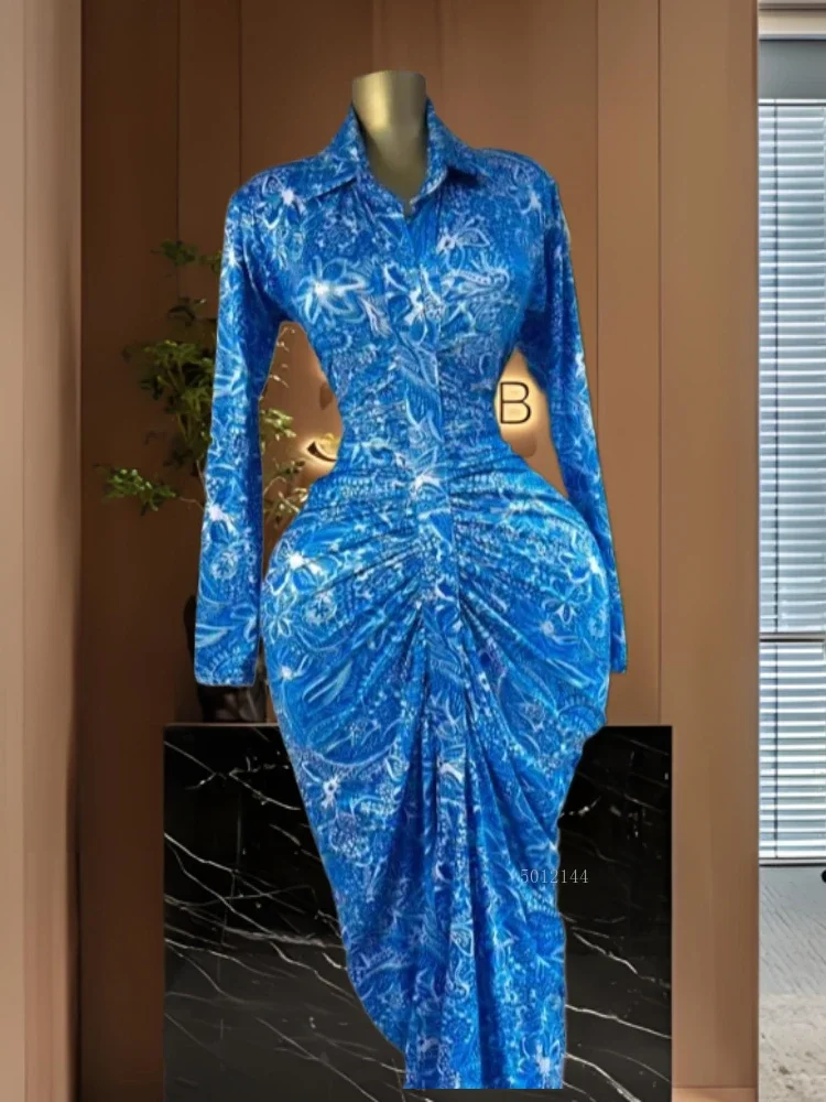 

Women Full Sleeve Floral Print Lapel Neck Elegant Long Dress Ruched Holiday Birthday Evening Party Gown Club Design Vestidos2026