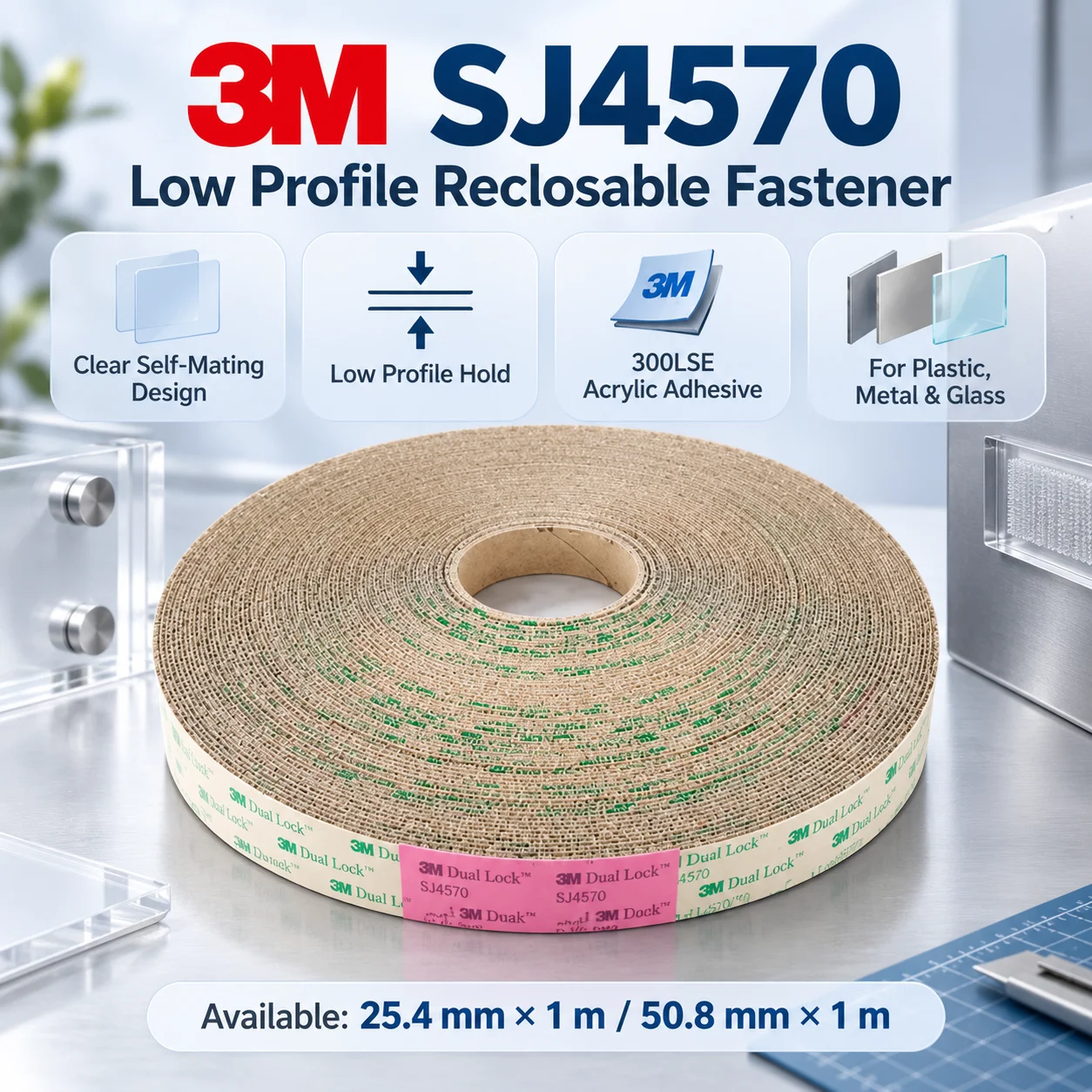 3M SJ4570 Dual Lock Low Profile Reclosable Fastener Clear 300LSE For Panel Mounting Plastic Metal Glass 25.4/50.8mm x 1m