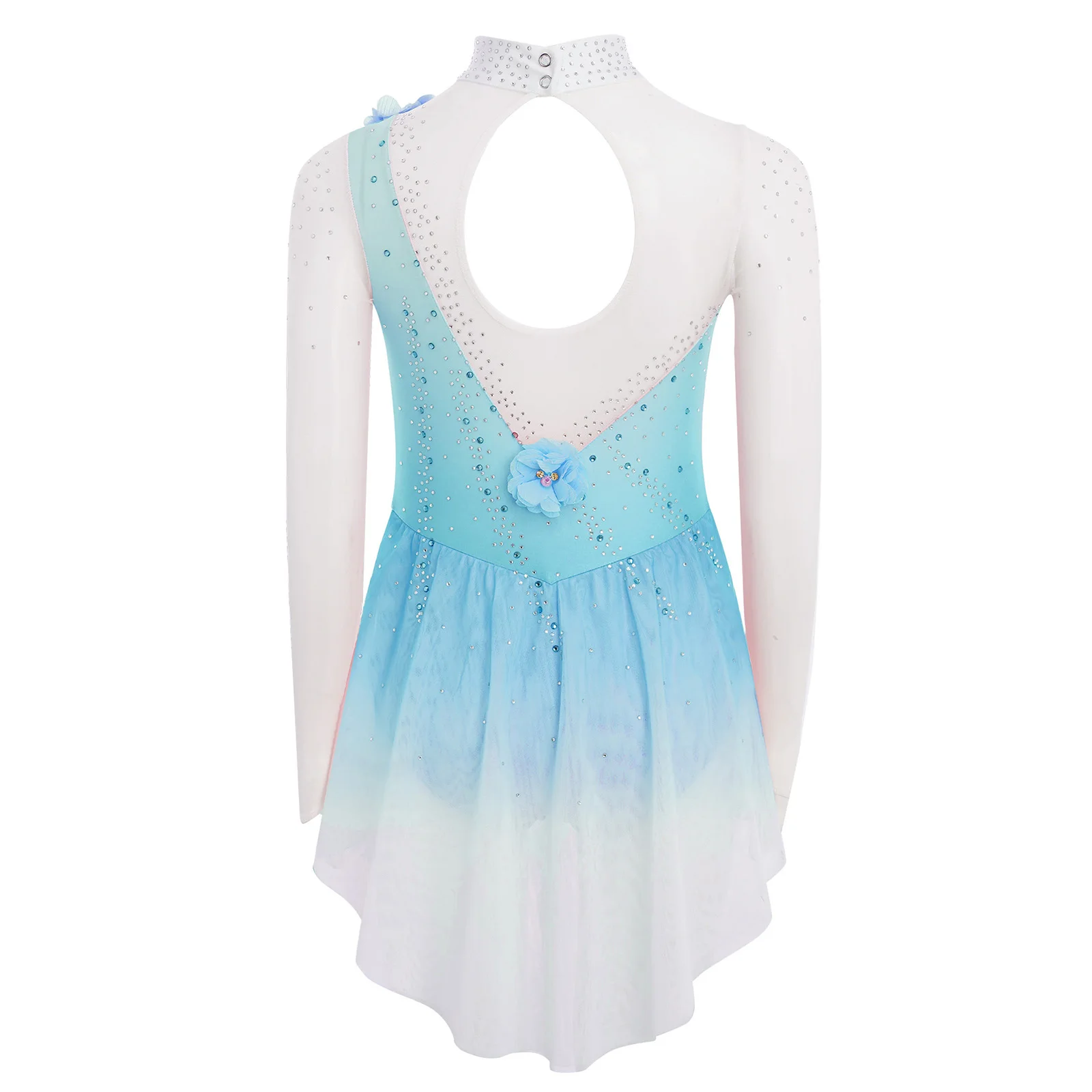

Kids Girl Figure Ice Skating Costume Long Sleeves 3D Flowers Rhinestones Dance Dress Ballet Lyrical Modern Performance Dancewear