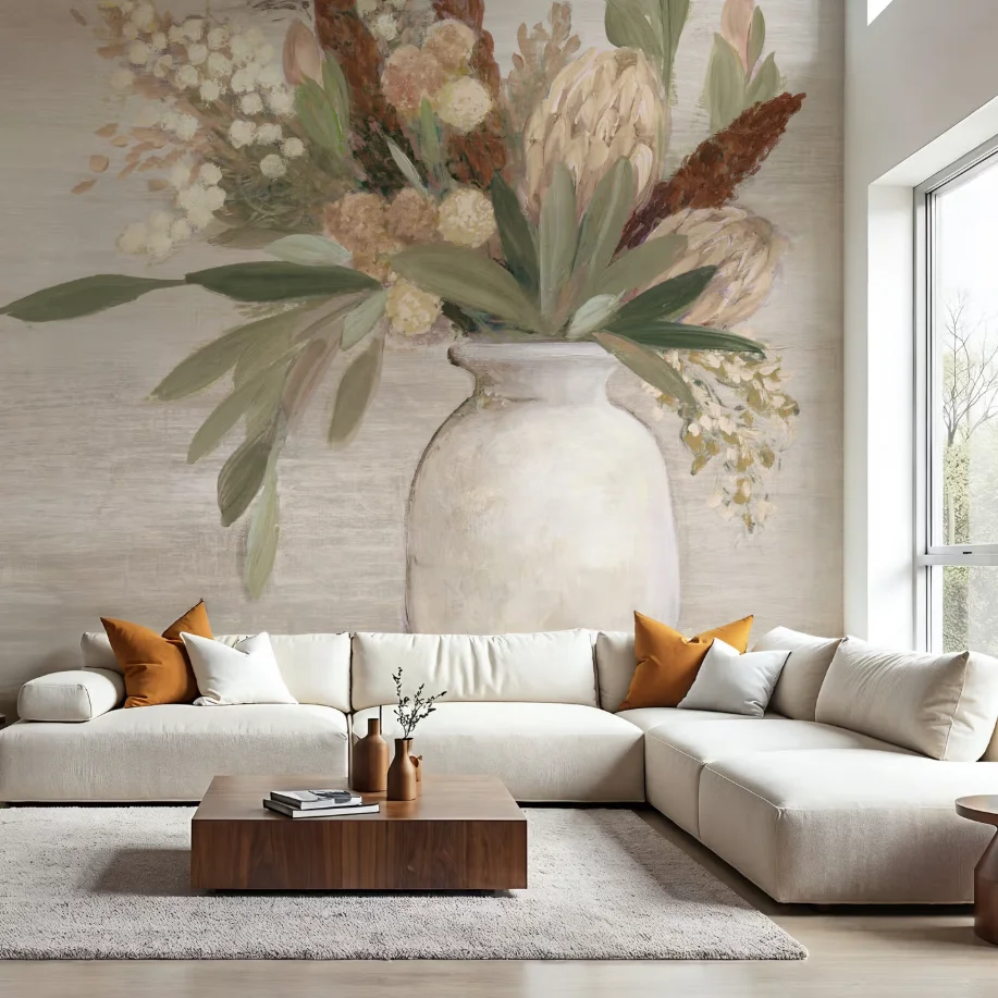 Customized Size Mural Hand-Painted Porcelain Vase Flower Arrangement Wallpaper, Home Decoration Flower Sketch 3D Wallpaper Mural