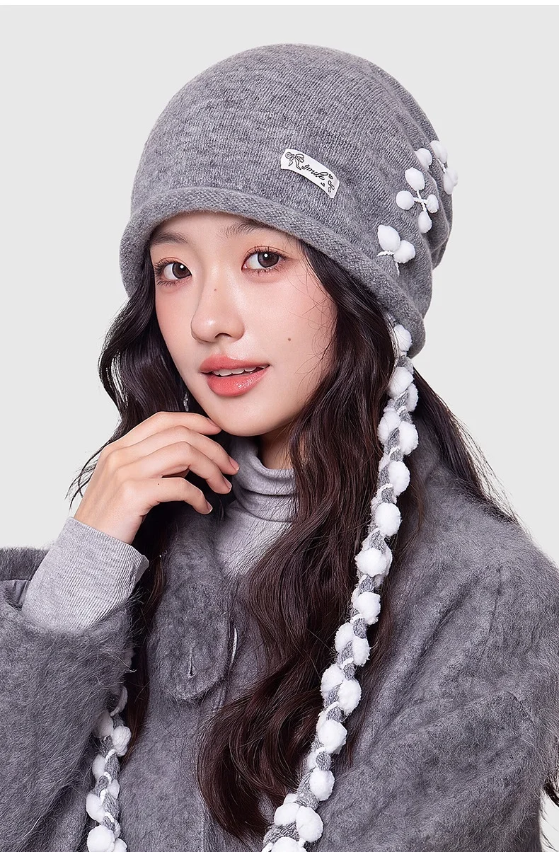 Women's Winter Knit Hat Soft Pom-Pom Tassel Wool Slimming Stretchy Ear-Covering Warm Puffy Beanie.