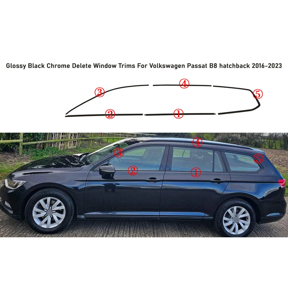 Chrome Delete Blackout Overlay For Volkswagen Passat B8 Hatchback 2016-2023 Window Trim Glossy Black Sticker