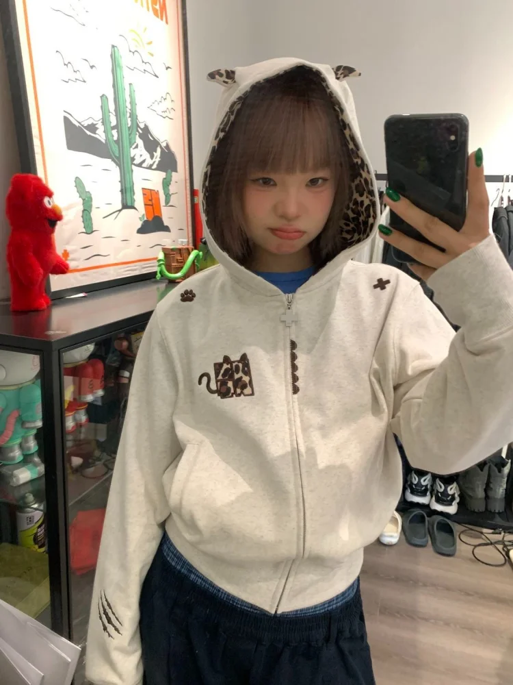 Herfst Esthetische Vintage Hoodies Vrouw Lange Mouw Retro Fashion Hot Chick Luipaard Tops Vrouwelijke Chic Design Casual Losse Jas Nieuw