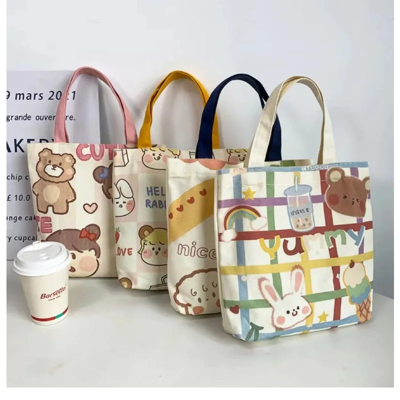 Casual Portable Reusable Shopping Bags Cute Cartoon Large Capacity Handbag Canvas Bags Knitting Tote Bag Fashion Women Hand Bags