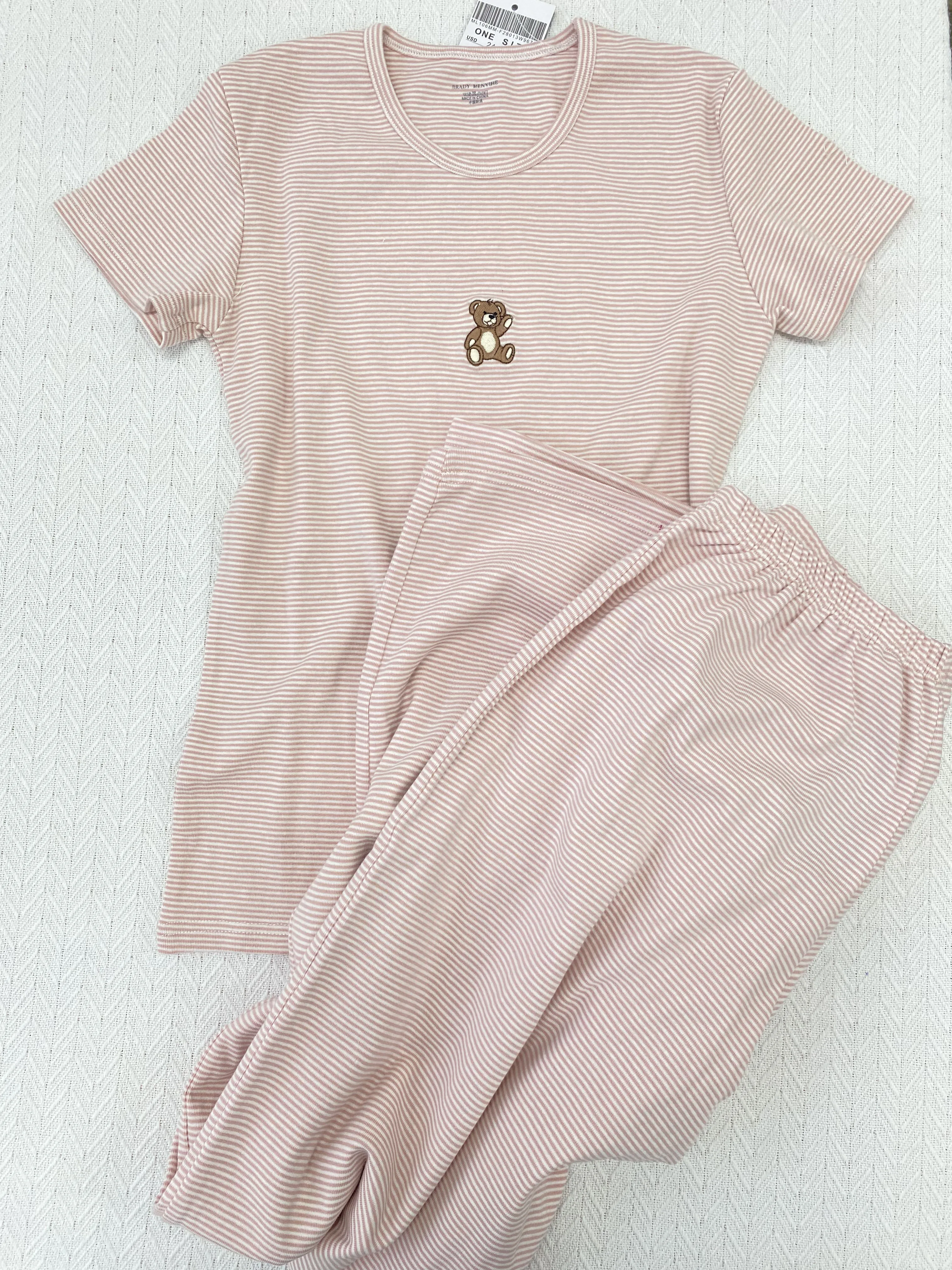 Cute Little Bear Embroidered Short Sleeve Tee+Straight Sweatpant Women 2 Piece Sets Cotton Home Pajama Striped T-shirt Pant Set