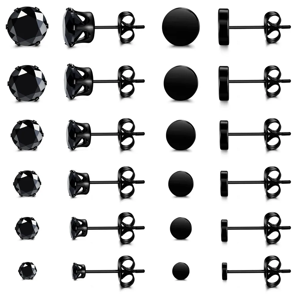 1 Pair/12 Pairs Stainless Steel Black Round Cubic Zirconia Flat Stud Earrings Set Punk Piercing Jewelry for Men Women 3-8mm