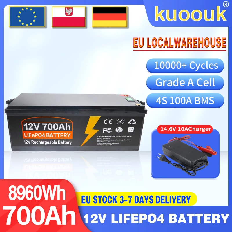 12V 700Ah Lifepo4 Lithium-Batterie mit eingebautem 100A BMS, 10000+ Zyklen, max. 8960Wh Ladeleistung für Wohnmobile, Solar-Camper, Golfcarts, Solarspeicher, EU-Lagerbestand