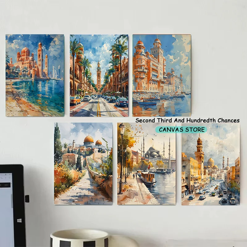 Middle East Urban Landscape Damascus Beirut Lebanon Dubai Jerusalem Watercolor Poster Canvas Painting Wall Pictures Home Decor