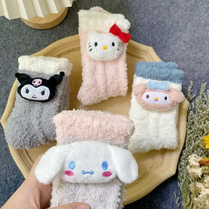 Sanrio Kuromi Purple Cute Cinnamoroll Women's White Lolita coral fleece socks Cartoon Socks