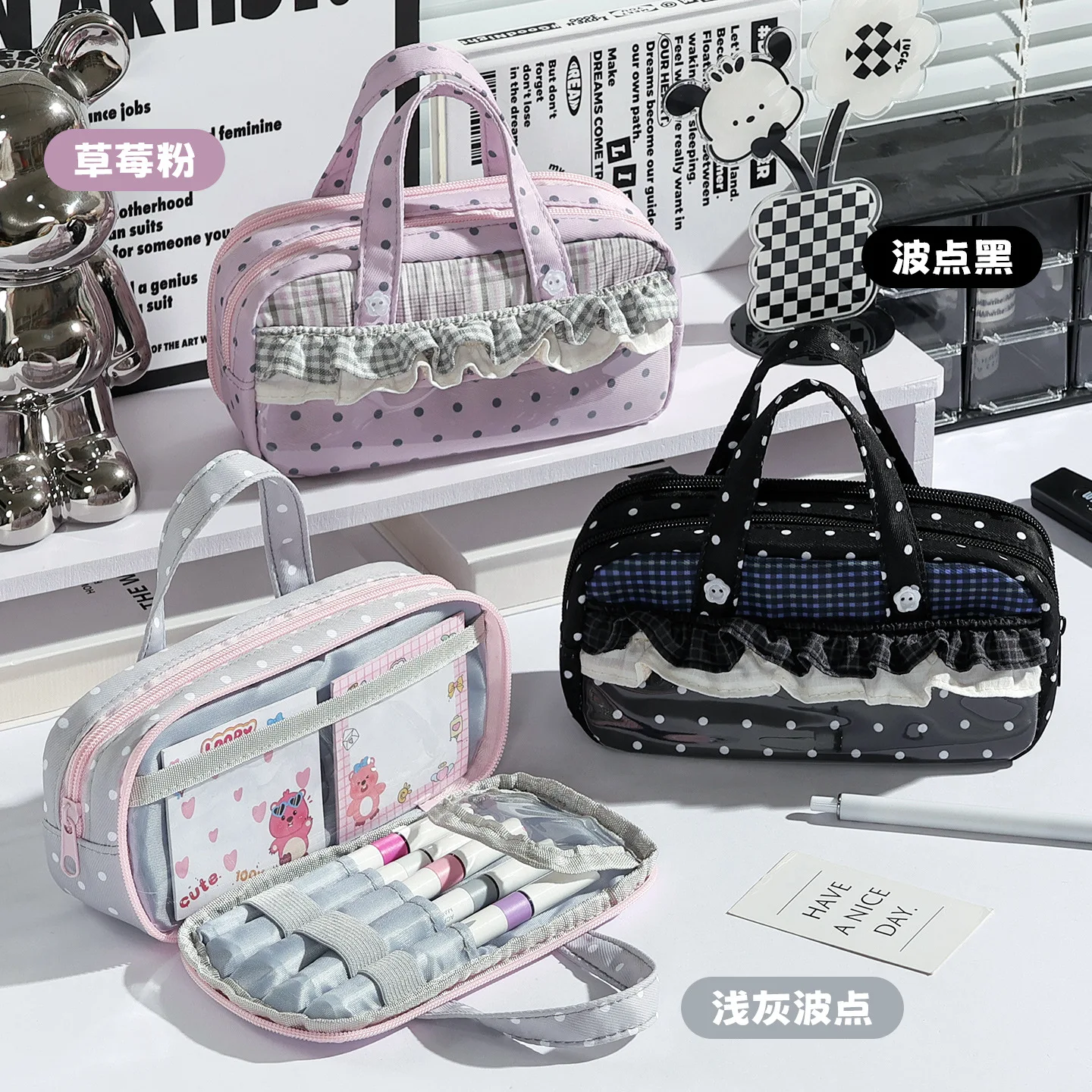 Sweet Ruffle Polka Dot Clear PVC Window Pencil Bag Plaid Splicing Large Capacity Pencil Case for Primary Middle School Girls