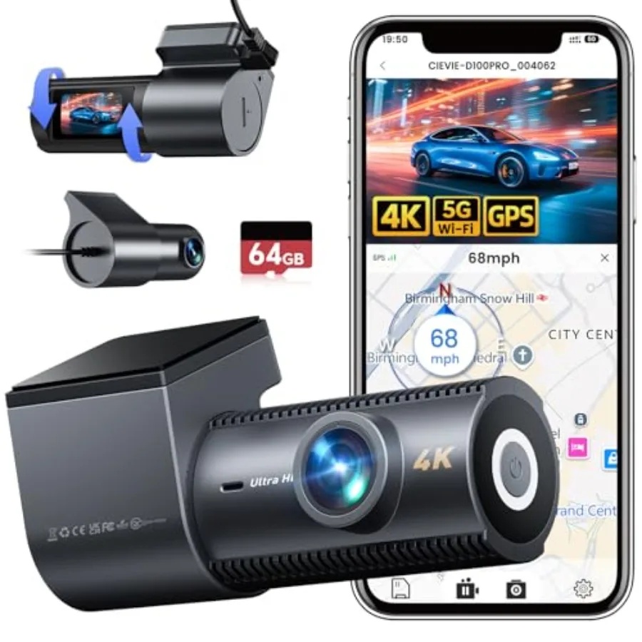 

Видеорегистратор 4K+1080P с двумя камерами (передняя и задняя), Wi-Fi 5G, GPS, картой 64 ГБ, 1.5-дюймовым IPS-дисплеем и функцией круглосуточной парковочной записи