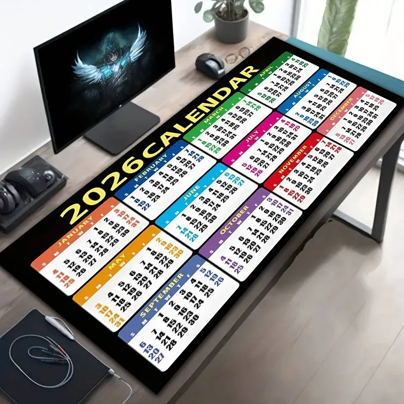 Rubber material, 2026 calendar pattern design, large gaming mouse pad, anti-slip, very suitable for gamers' office use