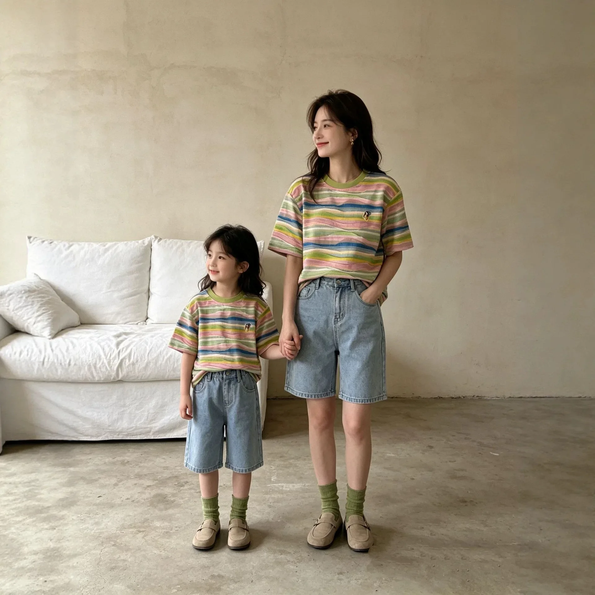 2026 Summer Mommy and Me Matching Rainbow Stripe Tee Family Outfit Cotton Casual Short Sleeve Top for Mom Dad Daughter Son