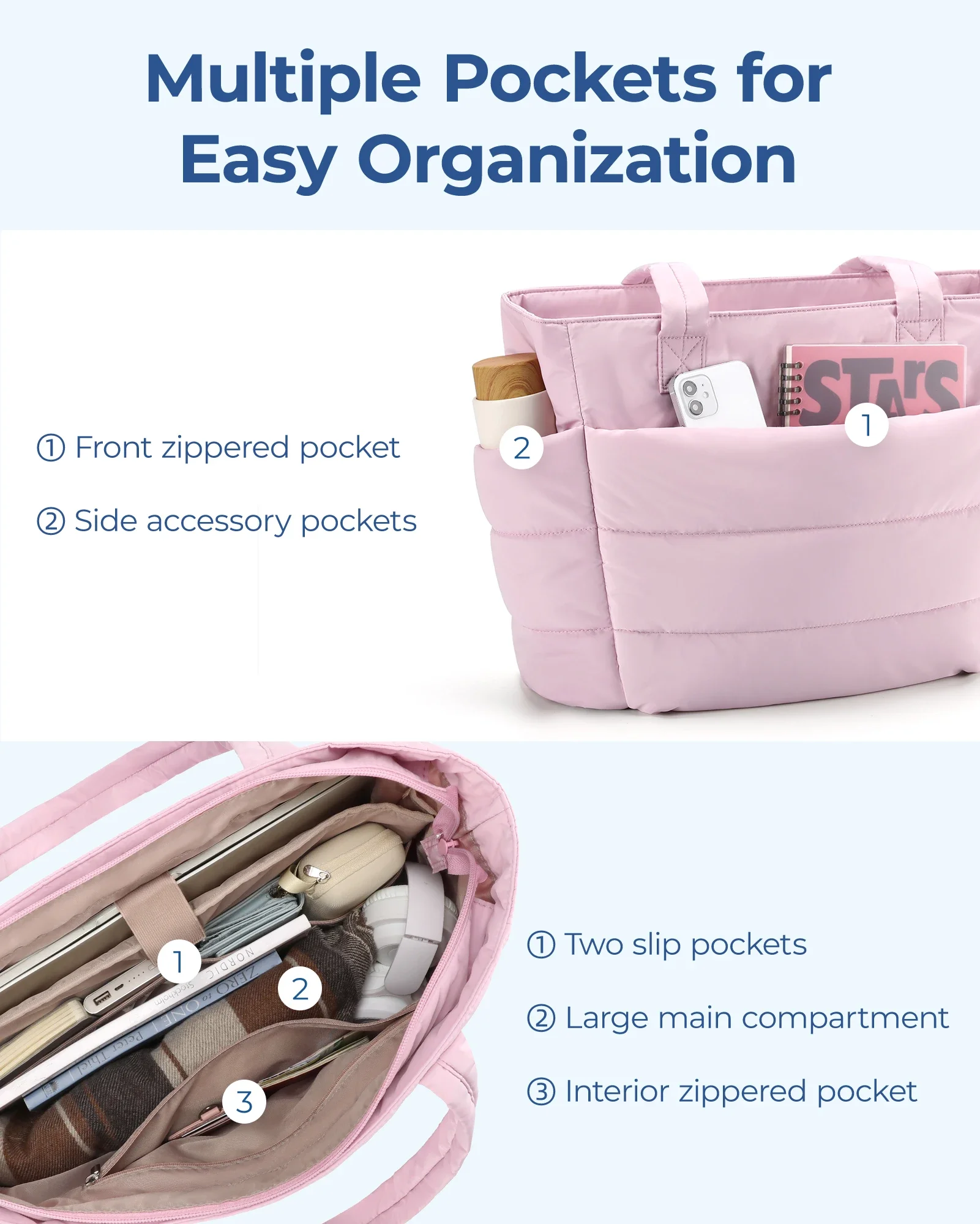 حقيبة يد نسائية خفيفة الوزن منفوشة مناسبة للسفر والعمل والشاطئ وصالة الألعاب الرياضية بسعة كبيرة ومتعددة الألوان