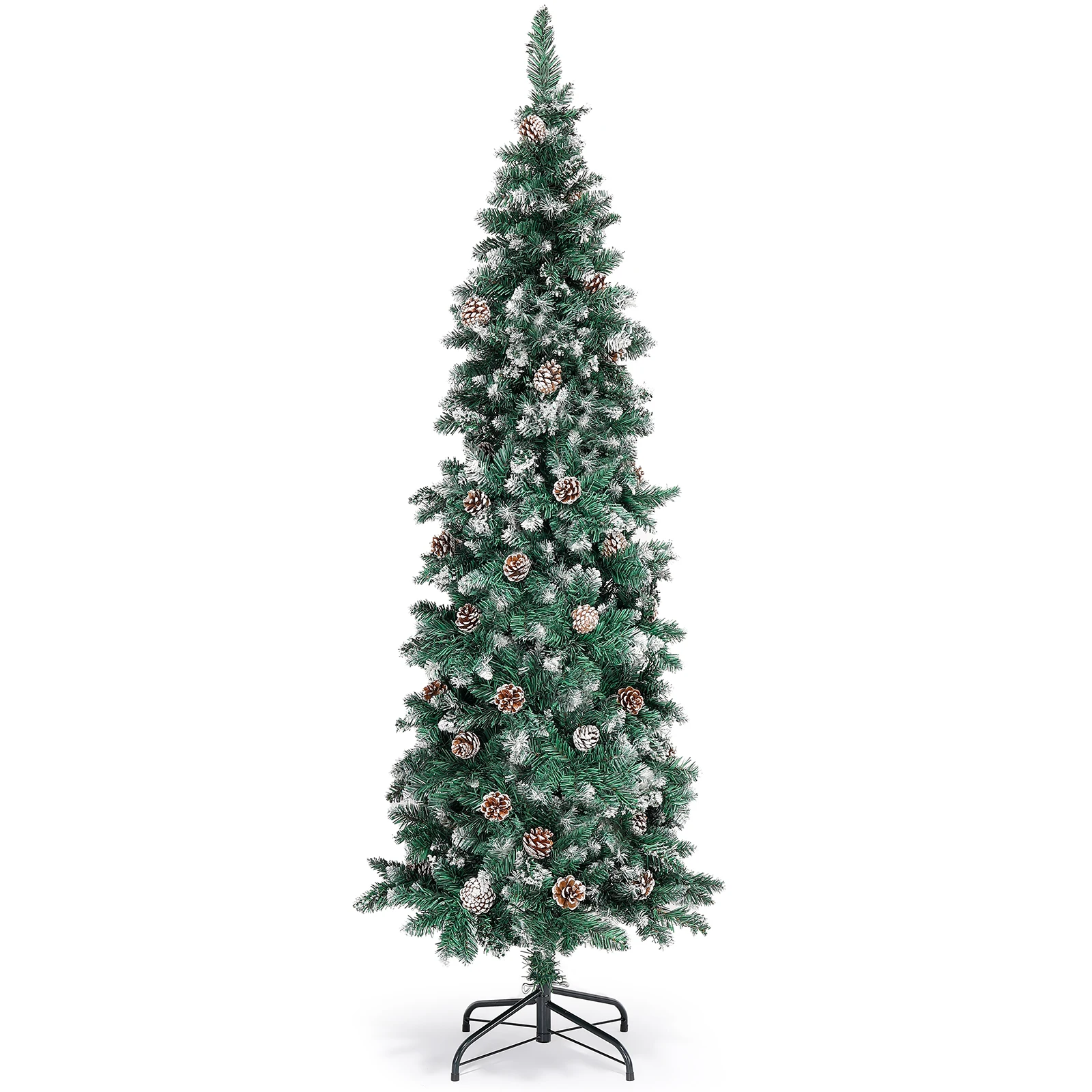 

7.5Ft Pre-Decorated Pencil Christmas Tree Holiday Tree w 41 Pine cones+40 Red Fruit 955 PVC Flocked Frosted Tips 400 LED Lights