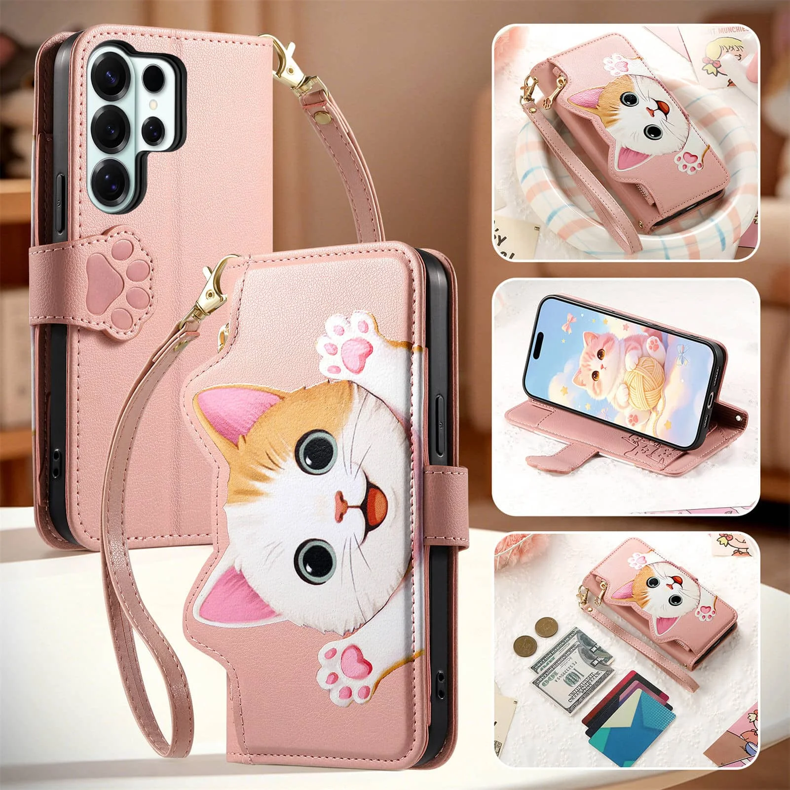 Cute Zipper Crossbody Wallet Case for Samsung Galaxy S22 S21 S20 S20 FE Note 20 Ultra Card Holder Wrist Strap Magnetic Cover