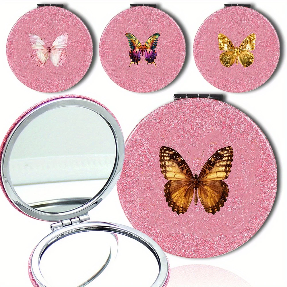 مرآة مكياج بجيب مزدوج الجوانب للنساء، أداة تجميل للوجه، أداة تجميل زجاجية محمولة، نمط فراشة، هدية مثالية #1