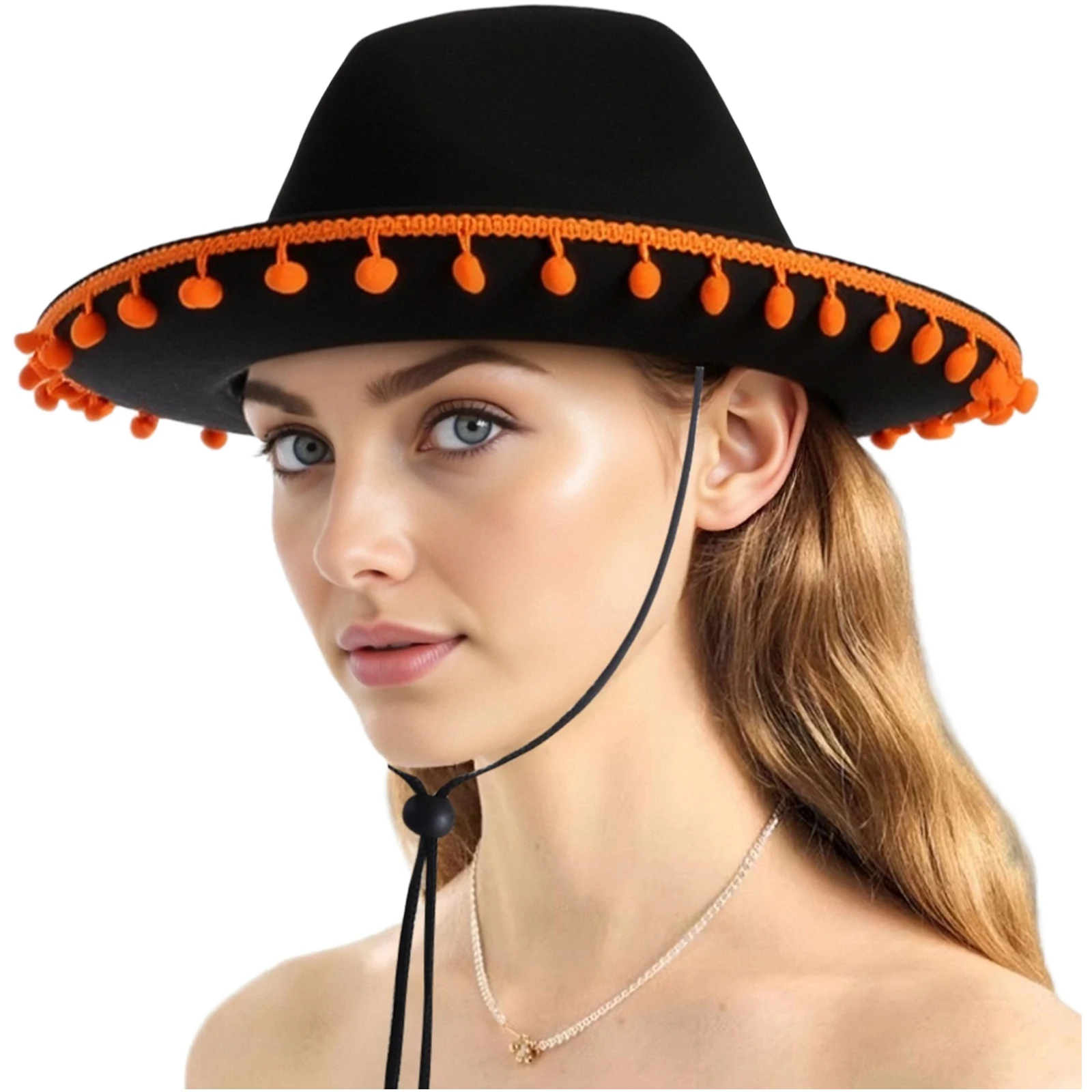 

Mexican Party Hat Wide Brim Felt Hat Metallic Woven Embellish Drawstring Hat Adult Summer Outdoor Sun Hat for Sombrero Halloween