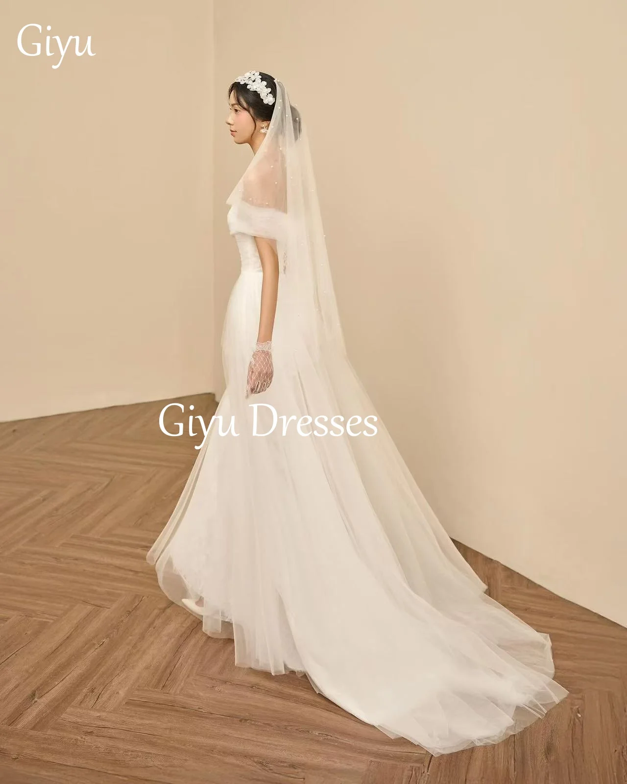 Giyu Simple White Removable Tulle Trailing Chiffon Wedding Dress Korean Wedding Sweet Off-the-shoulder Bridal Dress Customized