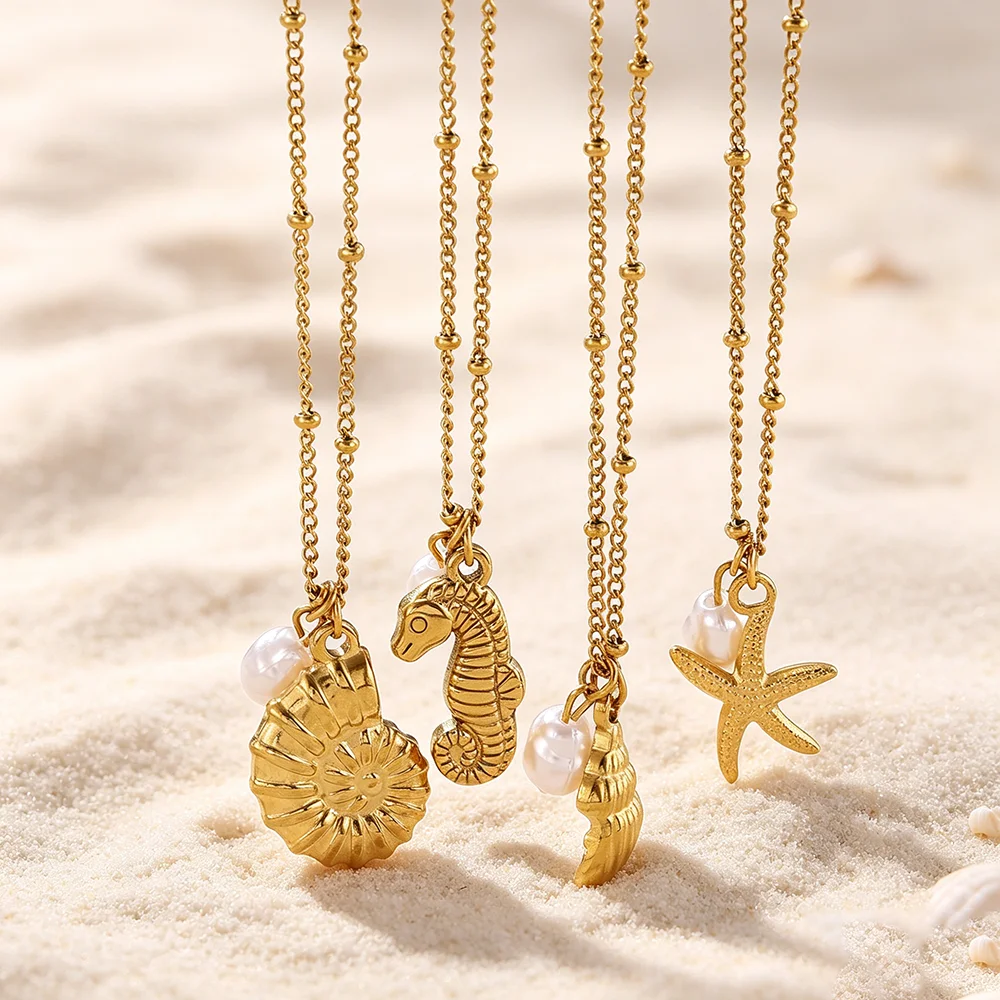 With Imitation Pearl Charm Starfish Stainless Steel Necklace Women Elegant Shell Ocean Nameplate Pendant Jewelry Christmas Gift