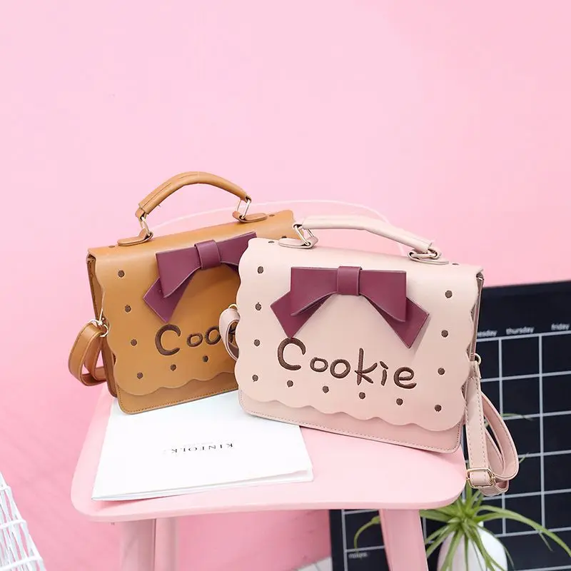 

2023 New Student Girls Creative Funny Satchel Bag Embroidered Biscuit Messenger Bag Cartoon Bow Shoulder Bag Women's Bag