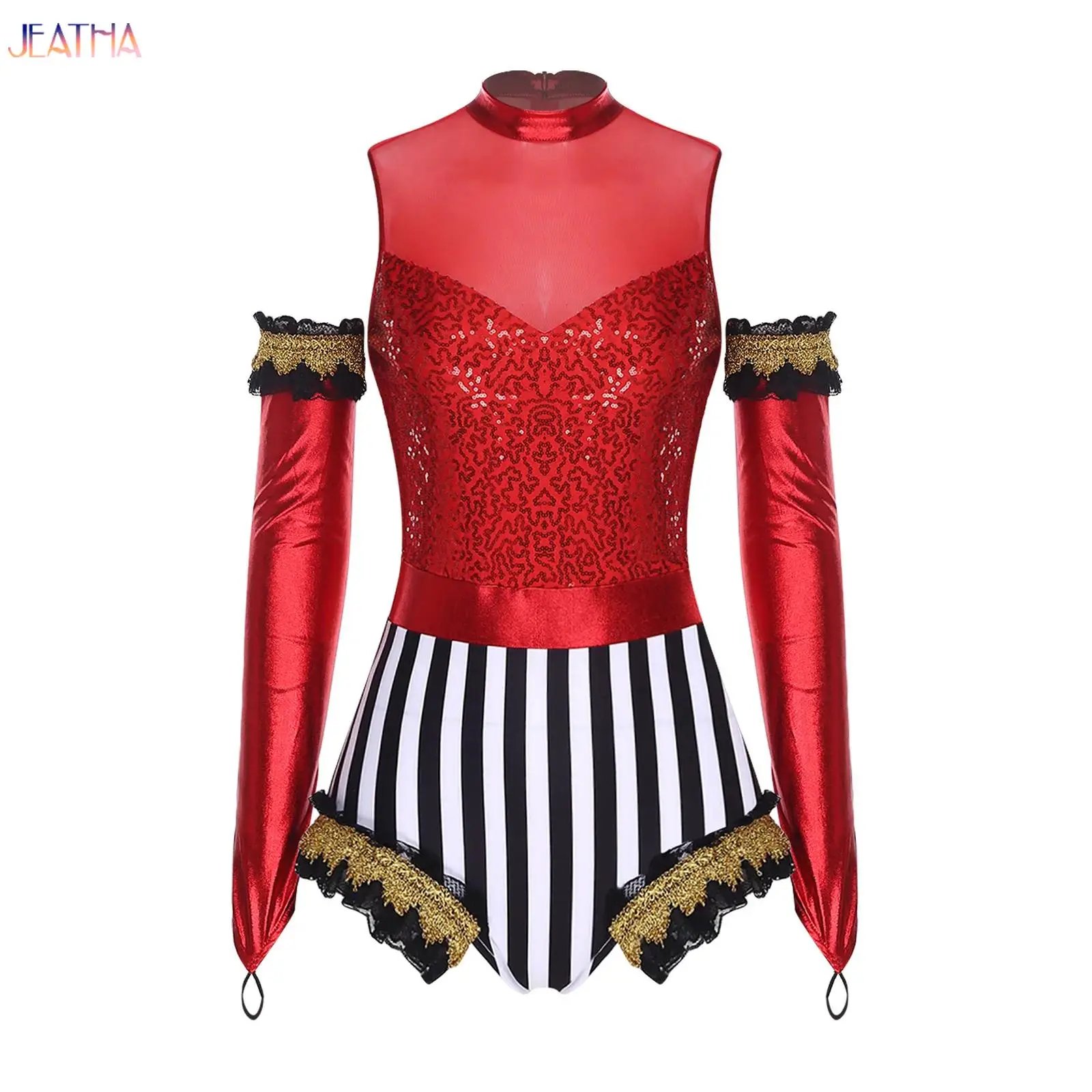 

Women Magician Bodysuit with Gloves Set Sequin Ringmaster Circus Drummer Halloween Carnival Cosplay Costume Long Sleeve Leotard