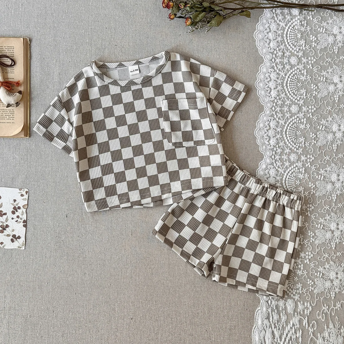 Baby Plaid Print Clothes 2pcs Set Summer Round Neck Short Sleeve T-shirt+Elastic Shorts Outfit Boys Girls Outdoor Daily Wear
