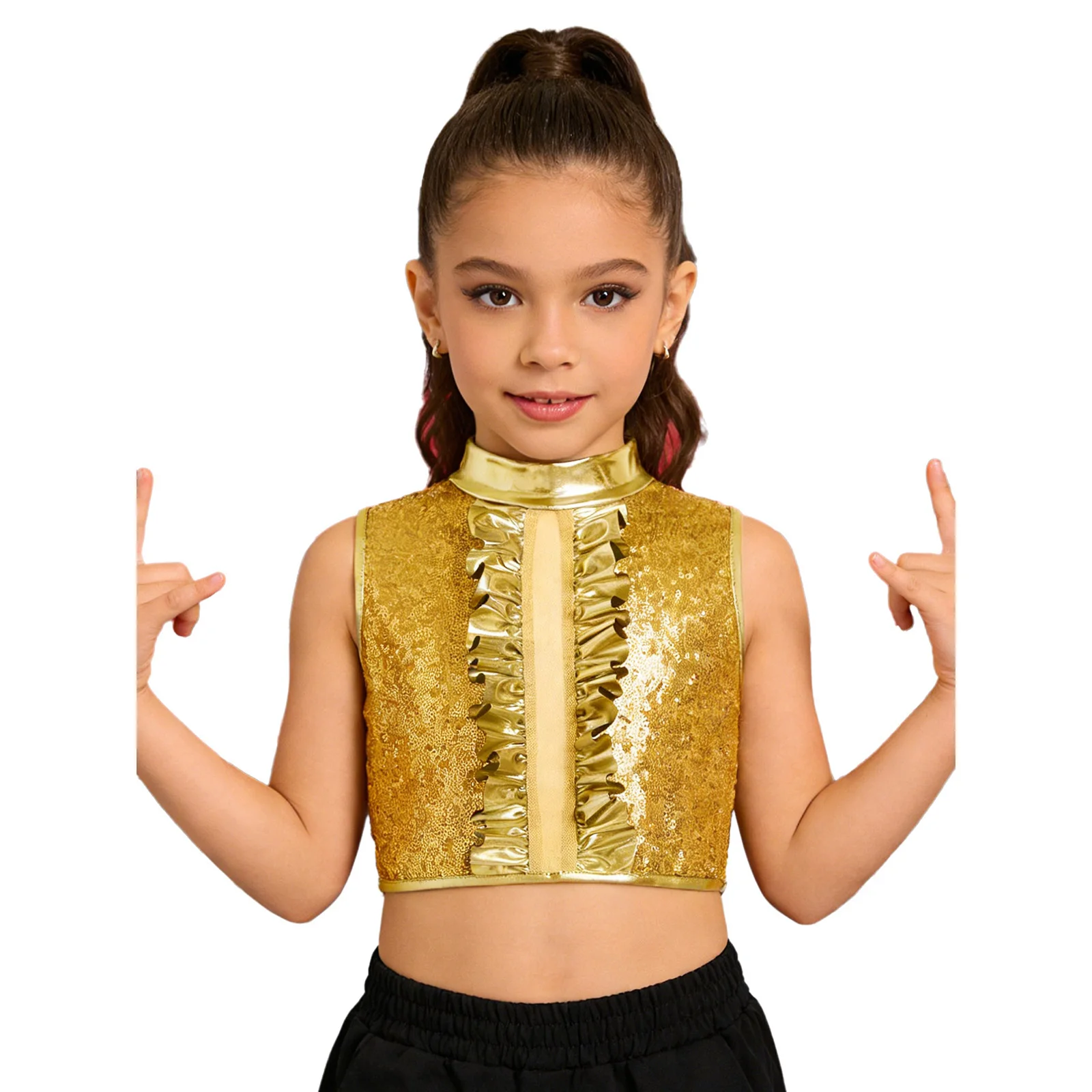Kids Girls Sparkly Street Hip Hop Vest Jazz Dance Top Sleeveless Metallic Sequin Ruffles Zipper Crop Top for Dancing Performance