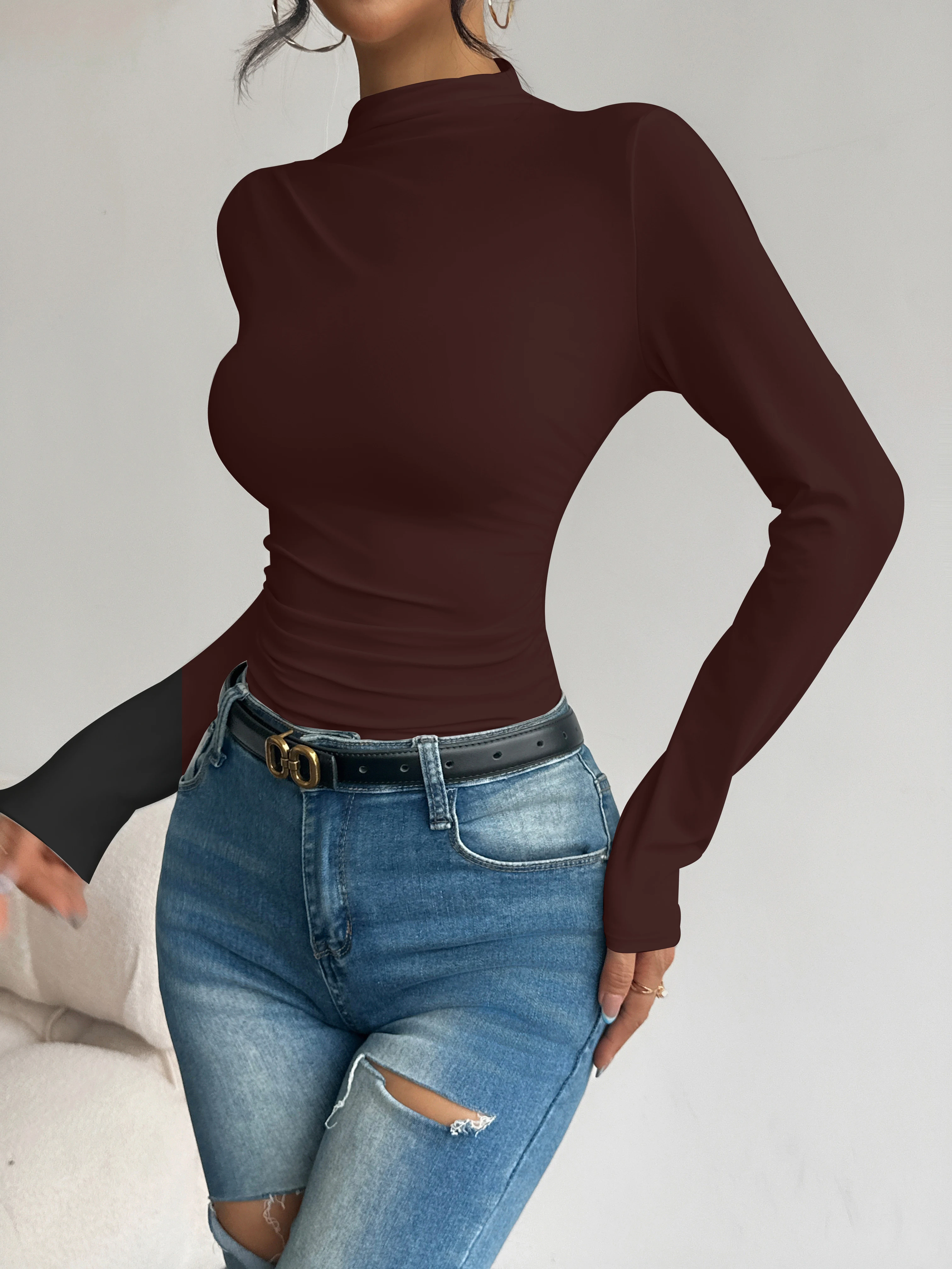 Halbhoher Kragen, plissierte Taille, schlank machendes, langärmliges Basic-Shirt für Damen, vielseitiges Oberteil für Frühling und Herbst. – Detail 6