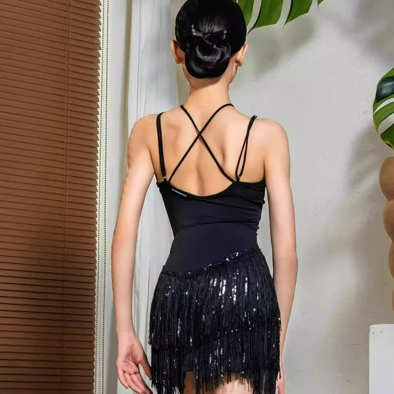 الأطفال اللاتينية الرقص هامش اللباس مجموعة للفتيات عبرت الظهر شرابة Dancewear تشا تشا سامبا الجاز المنافسة أداء زي