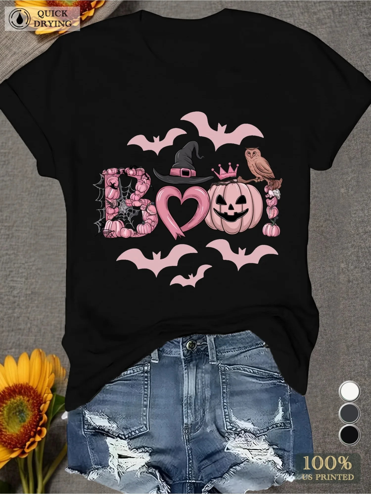 AHalloween Boo Women's Plus Size Sports Short Sleeve T-Shirt Black with Pink Halloween Graphics Bats Pumpkins Witch Hat