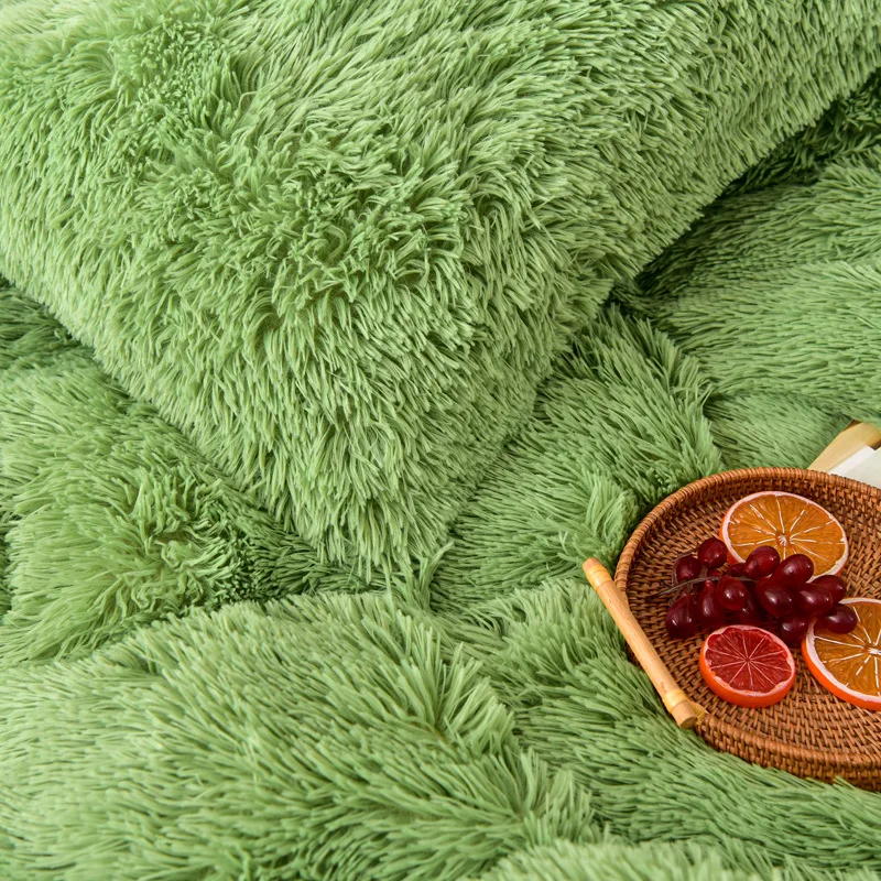 Long Hair Bedding Set,Green Mink Flannel Velvet Duvet Cover Set,Solid Warm Fleece Winter Bed Linens, 3/4pcs Queen Home Bedding